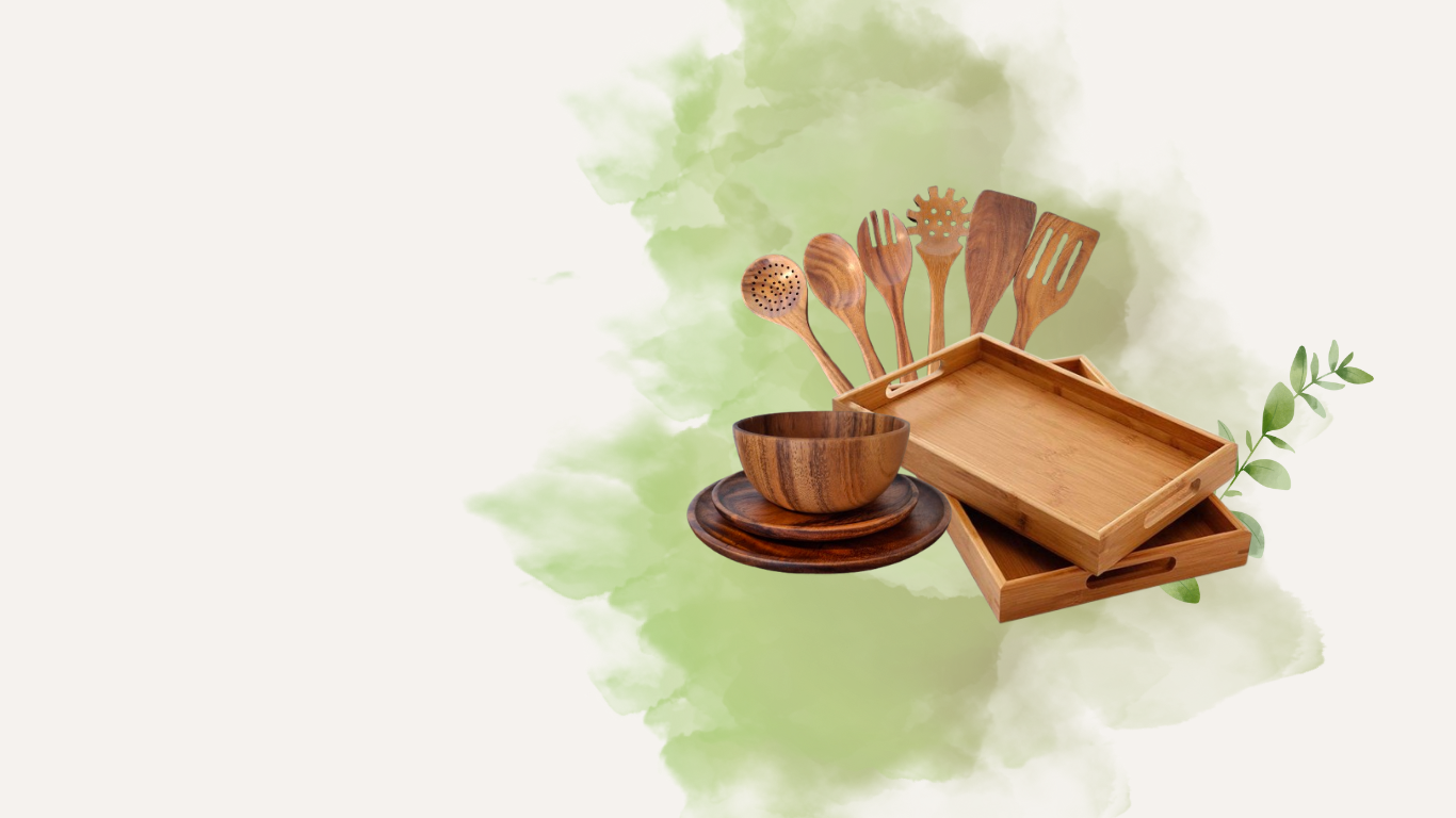 Wooden kitchen utensils and dishes on a green watercolor background